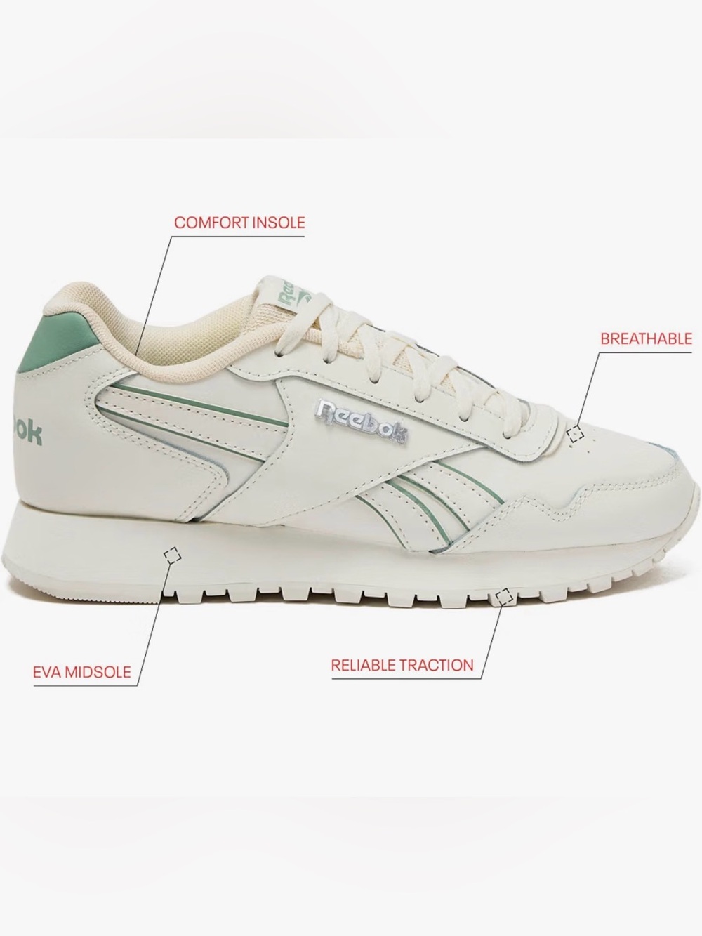 Reebok women’s Low-Profile Sneakers in Cream with Green Trim
